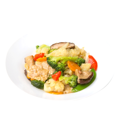Image of Traditional Chinese style of stir fried Mixed vegetables that includes broccoli, shitake mushroom, fu zhou,cauliflower, beancurb and red pepper prepared by home chef