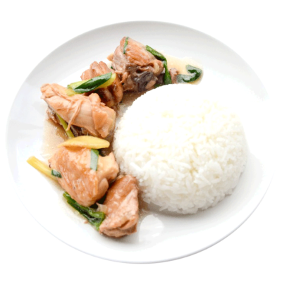 Image of freshly cooked chicken with ginger and spring onion served with rice prepared by home chef