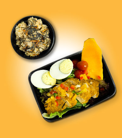 Roasted spicy mango chicken serve with Mango Salsa and Garlic rice