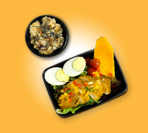 Roasted spicy mango chicken serve with Mango Salsa and Garlic rice